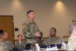 U.S. Army Maj. Gen. Malcolm B. Frost, commander of the U.S. Army Center for Initial Military Training, speaks during the Council on Recruit Basic Training Nov. 8, 2017 at Joint Base San Antonio-Lackland, Texas. The purpose of CORBT is to address common issues across the joint services in recruit basic military training and technical training with the goal of sharing ideas, lessons learned and procedures to improve entry-level enlisted training programs.