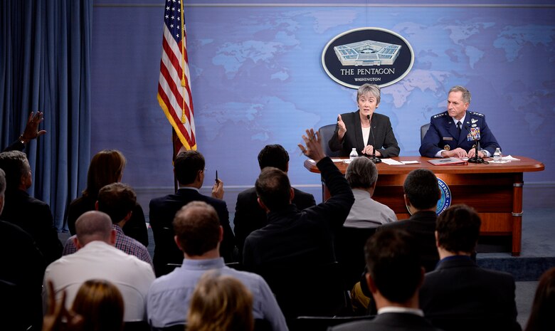 Secretary of the Air Force Heather Wilson and Air Force Chief of Staff Gen. David L. Goldfein answer questions during the State of the Air Force address at the Pentagon, Washington, D.C., Nov. 9, 2017. During the event, Air Force senior leaders addressed current Air Force topics and fielded questions from the media. (U.S. Air Force photo by Staff Sgt. Rusty Frank)
