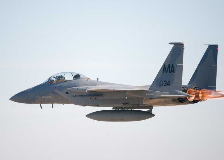 Lt. Col. Travis Hazeltine and Senior Airman Chas Anderson of the 104th Fighter Wing, Massachusetts Air National Guard, take off in an F-15 Eagle during Exercise Checkered Flag 18-1 at Tyndall Air Force Base, Fla., Nov. 15, 2017.