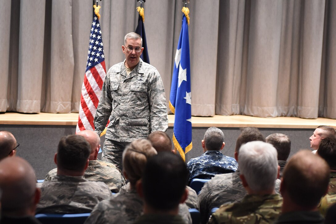 U.S. Air Force Gen. John Hyten, commander of U.S. Strategic Command (USSTRATCOM), speaks to civilians and senior officers of the command during an all hands call at USSTRATCOM theater on Offutt Air Force Base, Neb., Nov. 16, 2017. Hyten thanked the men and women under his command for their service, discussed his priorities and commander’s intent and answered questions from the audience. One of nine Department of Defense unified combatant commands, USSTRATCOM has global responsibilities assigned through the Unified Command Plan that include strategic deterrence, space operations, cyberspace operations, joint electronic warfare, global strike, missile defense and intelligence.