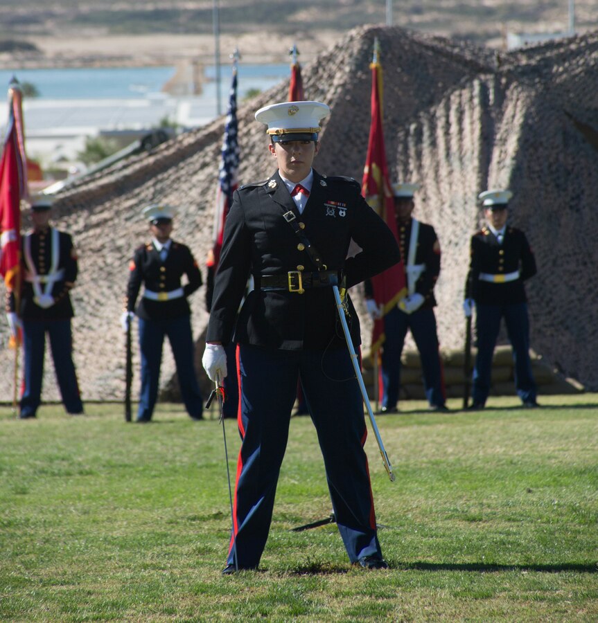 1st Lt. Margo Smutnick, adjutant, Headquarters Battalion, stands at parade rest during the Marine Corps Birthday Pageant, at Lance Cpl. Torrey L. Gray Field aboard the Marine Corps Air Ground Combat Center, Twentynine Palms, Calif., Nov. 08, 2017. The event included a historical uniform pageant and the traditional cake cutting ceremony in honor of the Marine Corps birthday. (U.S. Marine Corps photo by Pfc. William J. Chockey III)