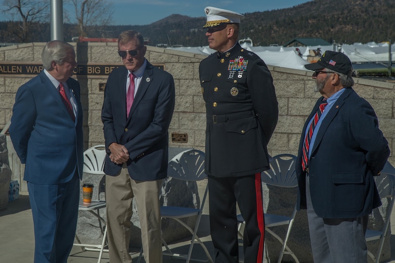 Mayor Bill Jahn of Big Bear Lake, U.S. Representative Paul Cook, Maj. Gen. William F. Mullen III, Commanding General, Marine Corps Air Ground Combat Center and Russell Lewis, chaplain, American Legion Post 583, stand as the distinguished guests at a Veterans Day event at Big Bear Lake, Calif., Nov. 11, 2017. Each of them are decorated veterans of past conflicts. (U.S. Marine Corps photo by Lance Cpl. Preston L. Morris)