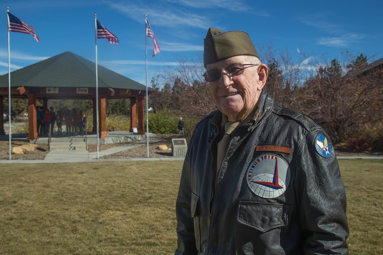 R.B. Funk, a resident of Big Bear Lake and a U.S. Army Air Force veteran, stands at Veterans Park in Big Bear Lake, Calif., Nov. 11, 2017. Funk was one of more than 100 veterans who attended a Veterans Day ceremony hosted by the city. (U.S. Marine Corps photo by Lance Cpl. Preston L. Morris)