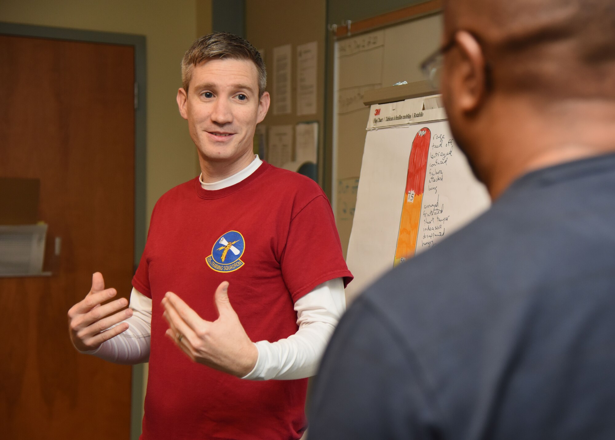 Maj. Andrew Travis, 335th Training Squadron director of operations, and Allen Jones, 333rd Training Squadron instructor, participate in a communication training class scenario during Wingman Day Nov. 16, 2017, on Keesler Air Force Base, Mississippi. Wingman Day consisted of Keesler Airmen participating in unit-wide Comprehensive Airman Fitness courses which focused on resiliency and teambuilding initiatives across the base. (U.S. Air Force photo by Kemberly Groue)