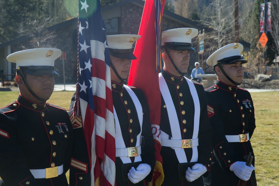 The Marine Corps Logistics Base Barstow Color Guard serve as the color guard for a Veterans Day ceremony at Big Bear Lake, Calif., Nov. 11, 2017. Military color guards are an integral part to traditional military ceremonies. (U.S. Marine Corps photo by Lance Cpl. Preston L. Morris)