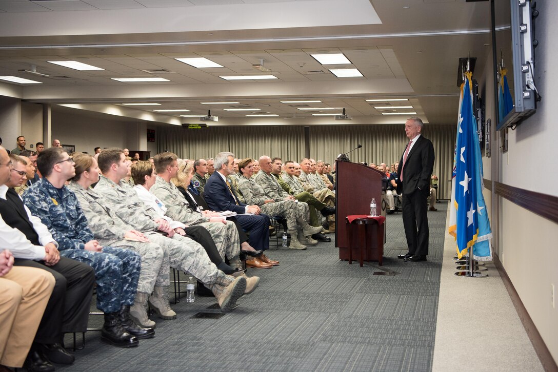 Defense Secretary Jim Mattis speaks during a town hall at U.S. Northern Command in Colorado Springs, Colorado.