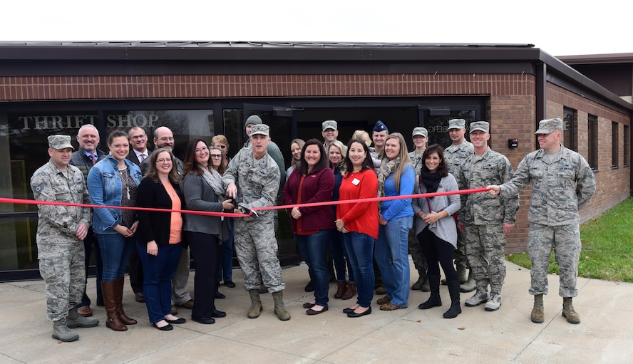 Members of Team Whiteman gather to support the grand opening of the base thrift shop at Whiteman Air Force Base, Mo., Nov. 13, 2017.