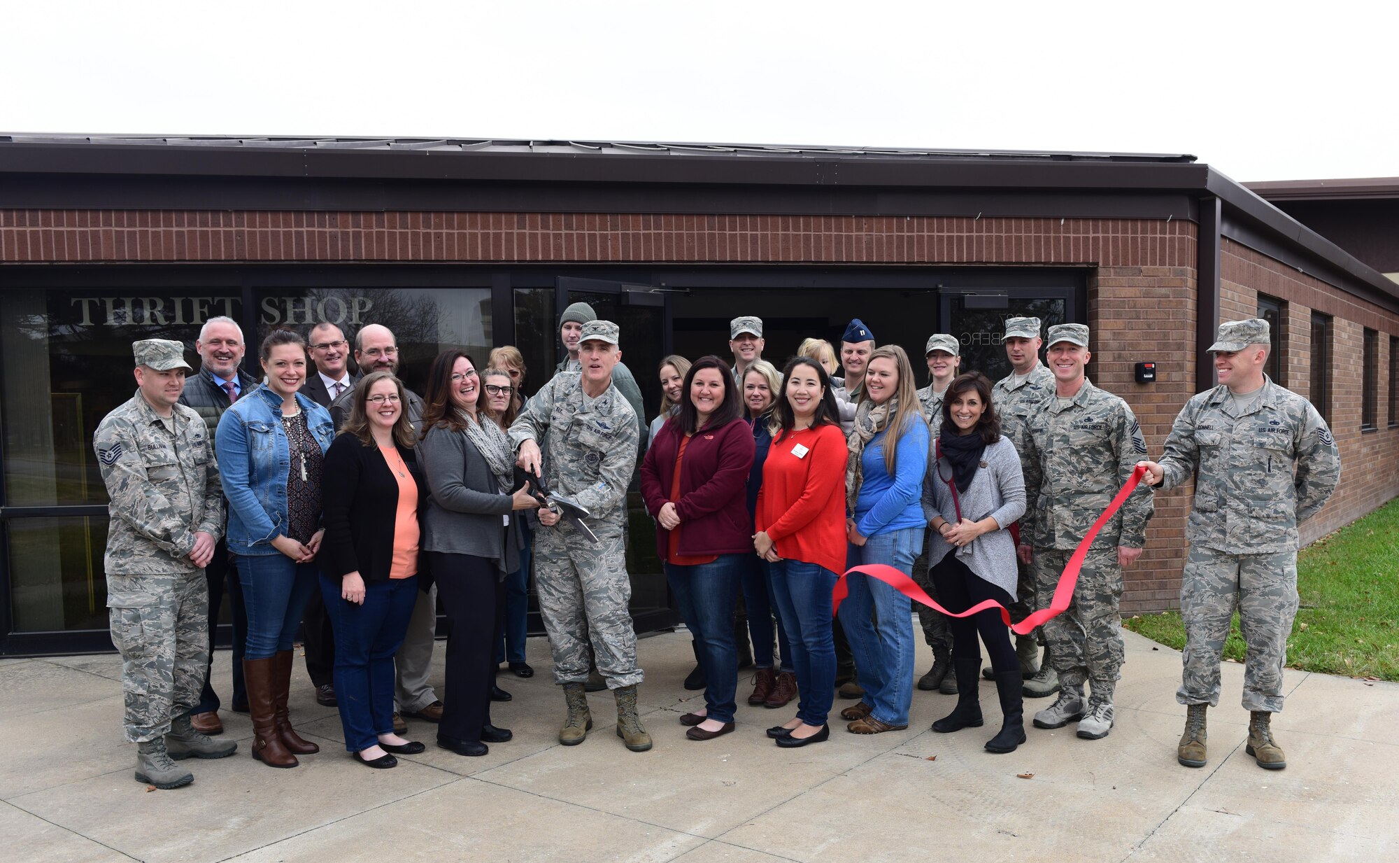 Members of Team Whiteman gather to support the grand opening of the base thrift shop at Whiteman Air Force Base, Mo., Nov. 13, 2017.
