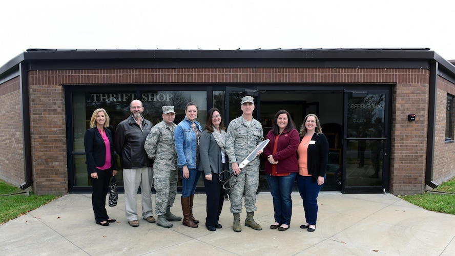 Members of Team Whiteman gather to support the grand opening of the base thrift shop at Whiteman Air Force Base, Mo., Nov. 13, 2017.