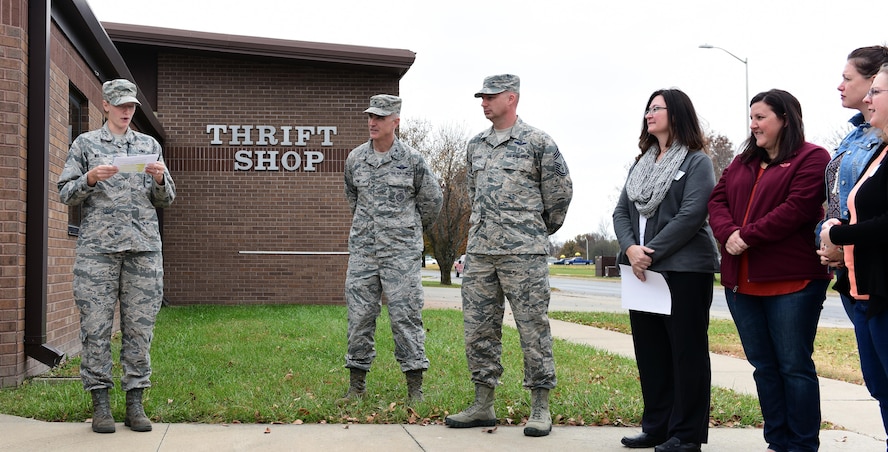 Members of Team Whiteman gather to support the grand opening of the base thrift shop at Whiteman Air Force Base, Mo., Nov. 13, 2017.