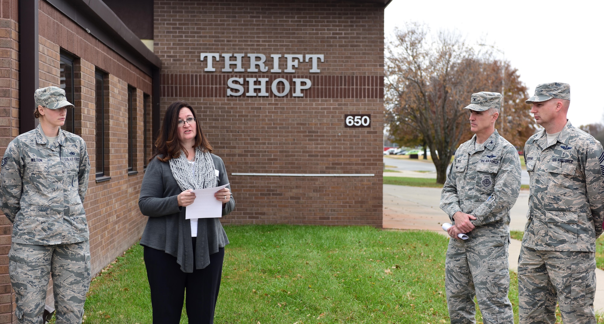 Members of Team Whiteman gather to support the grand opening of the base thrift shop at Whiteman Air Force Base, Mo., Nov. 13, 2017.