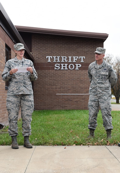 Members of Team Whiteman gather to support the grand opening of the base thrift shop at Whiteman Air Force Base, Mo., Nov. 13, 2017.