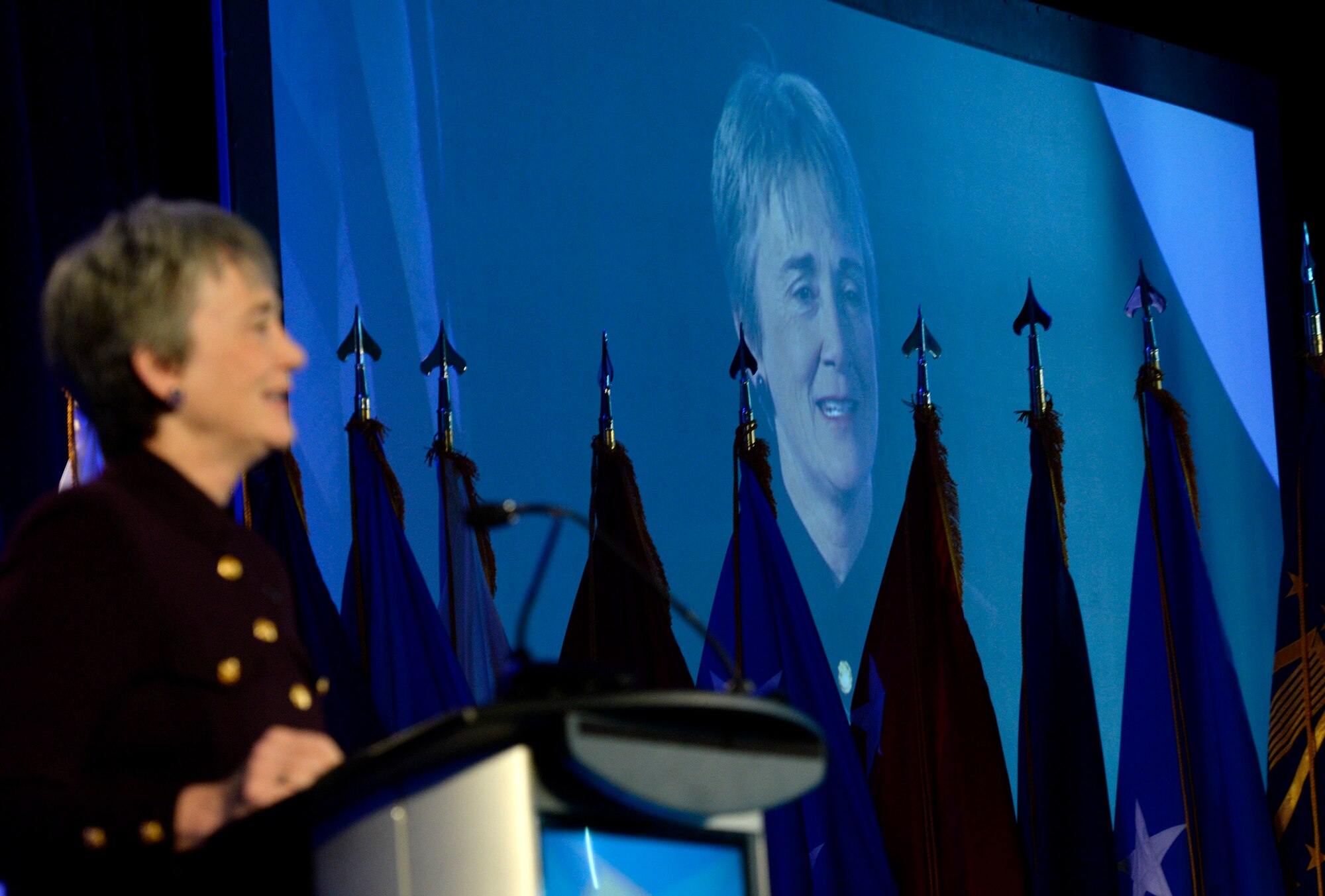 Secretary of the Air Force Heather Wilson delivers the keynote address during the 2017 Logistics Officer Association Symposium in Washington D.C., Nov. 17, 2017. During her remarks Wilson discussed how logistics and innovation contribute to the success of the Air Force. (U.S. Air Force photo by Staff Sgt. Rusty Frank)