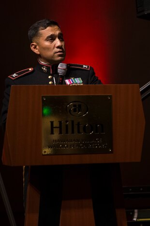 U.S. Marine Corps Col. Raul Lianez, commanding officer, Marine Corps Base Hawaii (MCBH), speaks during Headquarters Battalion, MCBH, 242nd Marine Corps Birthday Ball, at Hilton Hawaiian Village, Honolulu, Hawaii, Nov. 11, 2017. Each year Marines across the globe celebrate the date on which the Marine Corps was founded and the proud legacy that it's many years of existence has wrought. (U.S. Marine Corps photo by Sgt. Alex Kouns)