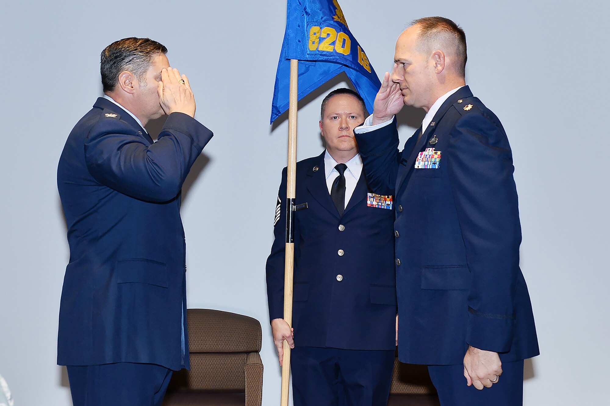 Lt. Col. Thomas P. Stauffer (right) assumes command of the 820th Intelligence Squadron during the unit's official activation and assumption of command ceremony officiated by Col. John McKaye, 655th Intelligence, Surveillance, and Reconnaissance Group commander, Nov. 4, 2017.