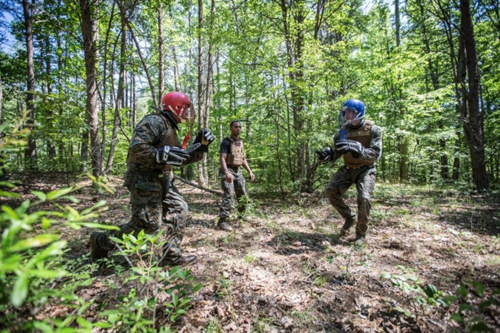 U.S. Marines participate in weapons free sparring during the culminating event of the Martial Arts Instructor Trainer course aboard Marine Corps Base Quantico, VA., June 21, 2017.