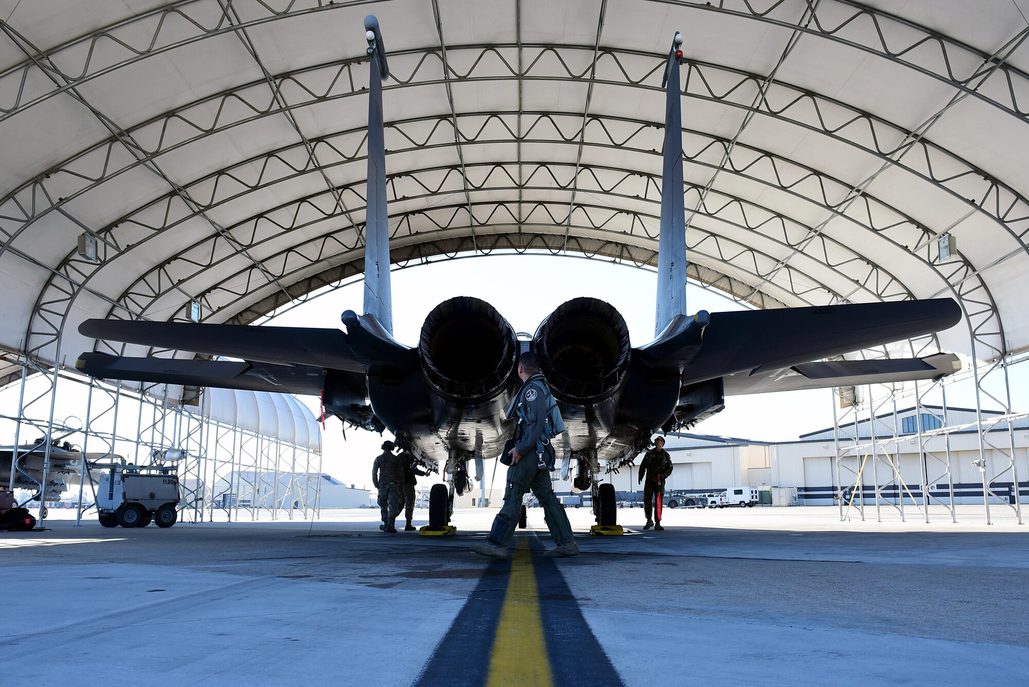 An F-15E Strike Eagle pilot with the 335th Fighter Squadron, conducts a preflight check before takeoff during exercise Razor Talon, Nov. 17, 2017, at Seymour Johnson Air Force Base, North Carolina. Razor Talon is a low-cost, large-force training exercise for joint East Coast tactical and support aviation units. (U.S. Air Force photo by Airman 1st Class Kenneth Boyton)