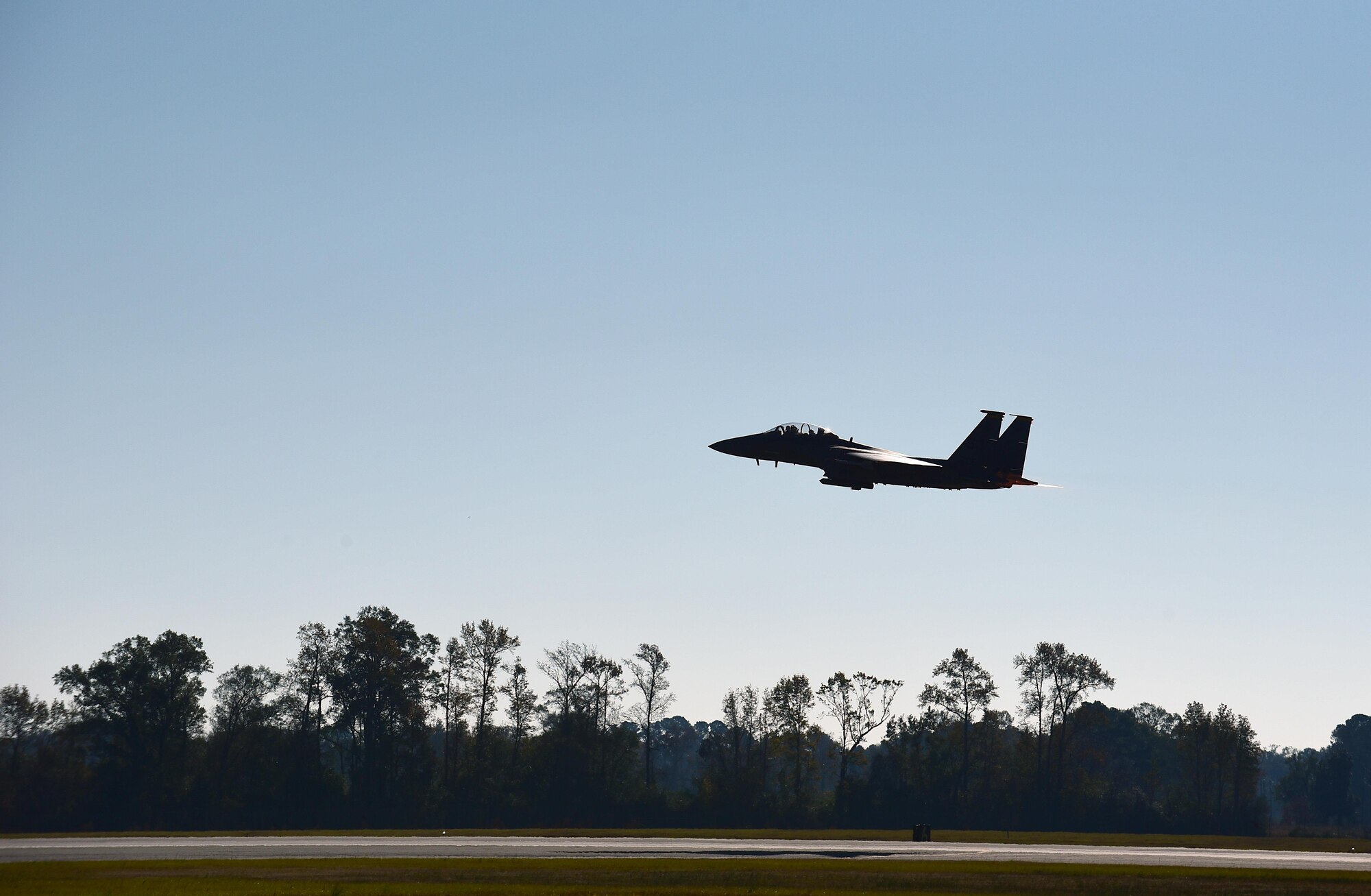 An F-15E Strike Eagle from the 335th Fighter Squadron, takes off during exercise Razor Talon, Nov. 17, 2017, at Seymour Johnson Air Force Base, North Carolina. Razor Talon takes place off the East Coast of North Carolina and simulates possible events in a deployed environment. (U.S. Air Force photo by Airman 1st Class Kenneth Boyton)