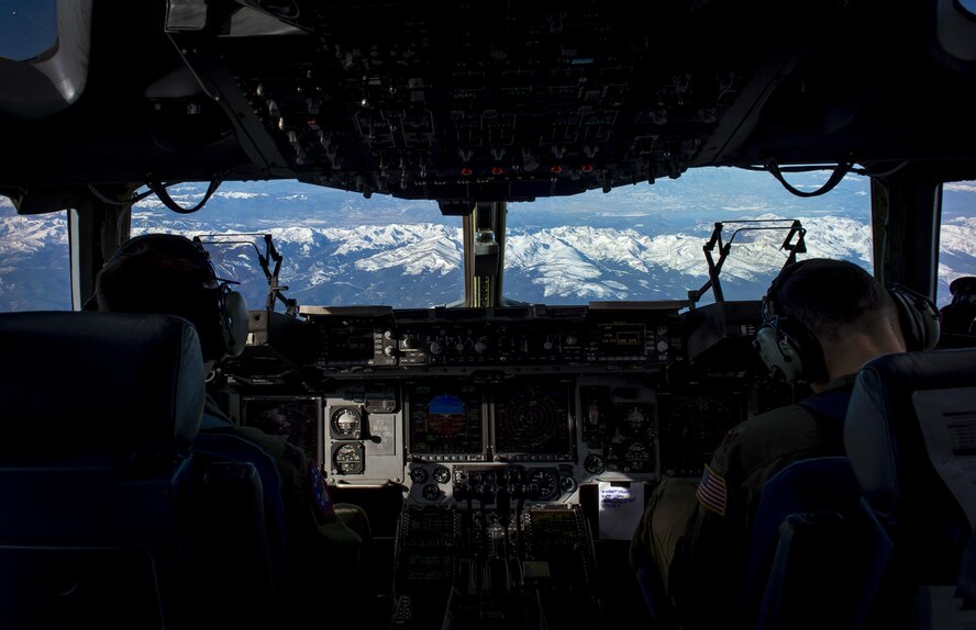 U.S. Air Force Capt. Eric Miller, an instructor pilot with the 97th Training Squadron and Maj. Chris Black, an instructor pilot with the 58th Airlift Squadron, prepare to land a C-17 Globemaster III during the Altus Quarterly Exercise (ALTEX), Nov. 16, 2017 at Altus Air Force Base, Okla.