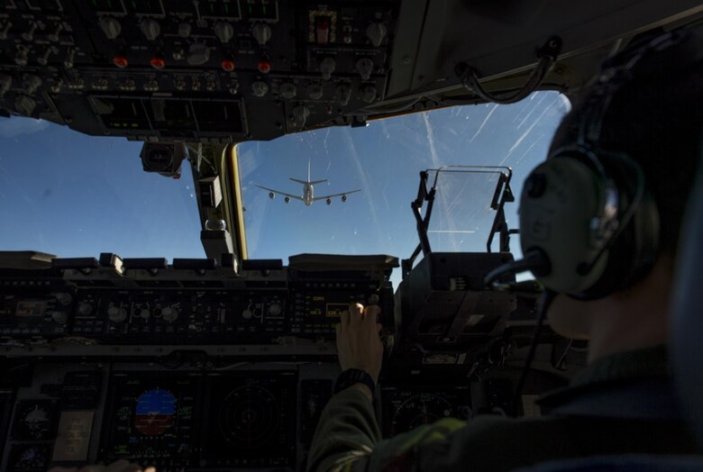 U.S. Air Force Maj. Chris Black, an instructor pilot with the 58th Airlift Squadron, prepares for an air refueling with a KC-135 Stratotanker during the Altus Quarterly Exercise (ALTEX), Nov. 16, 2017 at Altus Air Force Base, Okla.