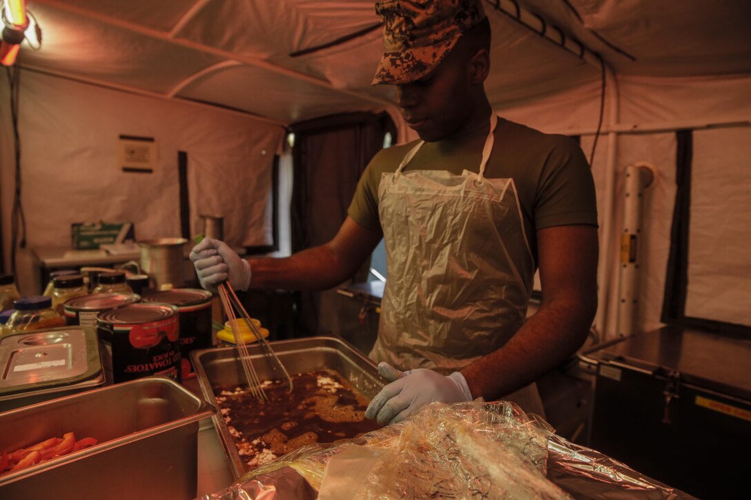 Marines with Food Service Company, II Marine Expeditionary Force Information Group, II MEF, participated in the W.P.T. Hill competition showcasing their capabilities within a training or deployed environment at Camp Lejeune, N.C., Nov. 15, 2017. The W.P.T. Hill award recognizes the best expeditionary dining facility in the entire Marine Corps for outstanding performance.