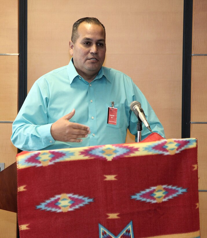 Walter Ahhaitty, planner and grant writer for Southern California Indian Center Inc., out of Orange County, California, speaks at the Los Angeles District's National Native American Heritage Month Observance Nov. 7 at the District's headquarters in downtown Los Angeles.