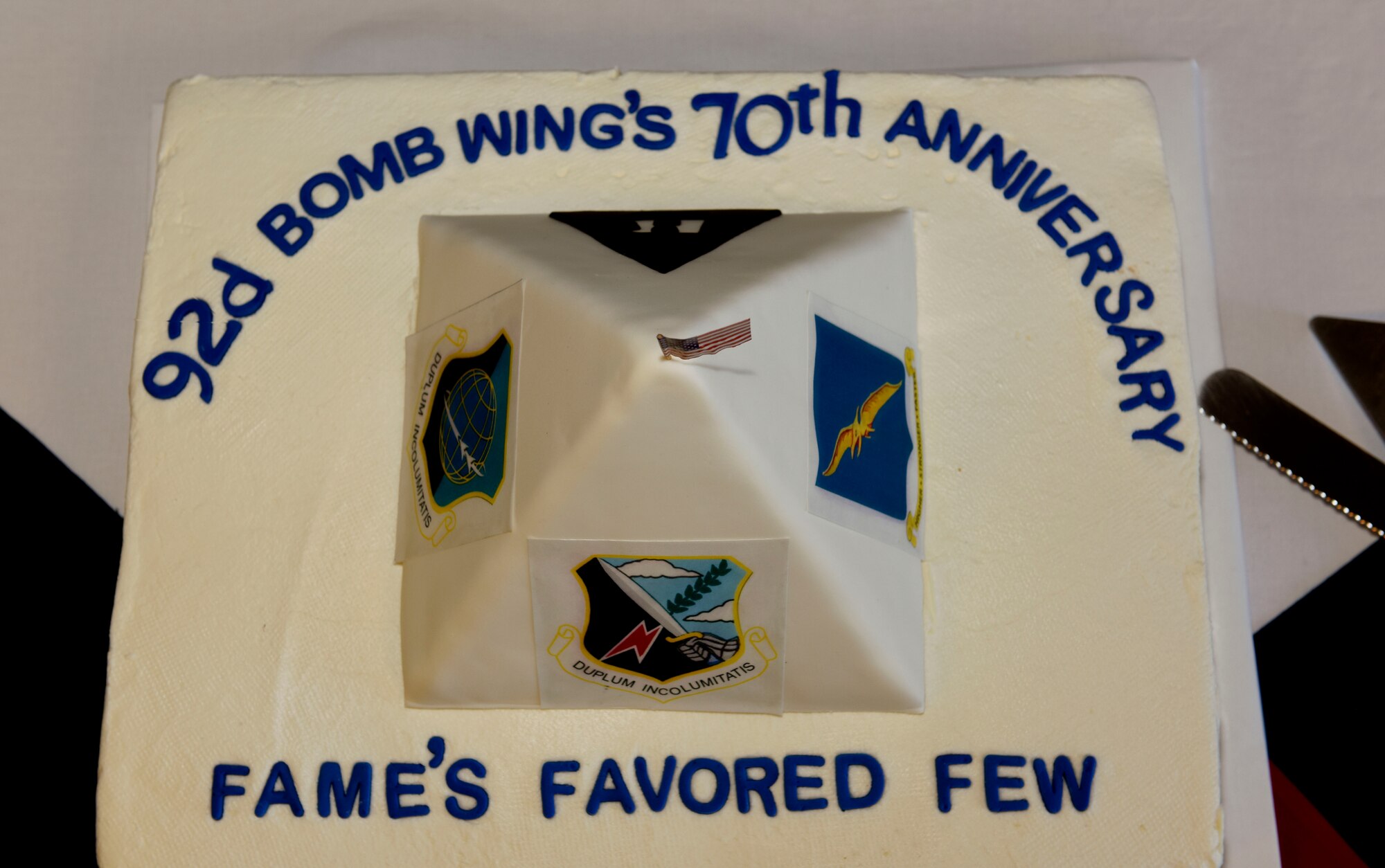 The Warrior Dining Facility hosts a cutting of the cake to commemorate the 92nd Air Refueling Wing’s 70th anniversary at Fairchild Air Force Base, Wash., Nov.17, 2017. Then the 1990s marked the beginning of a significant change in the Fairchild mission. The B-52 wing transferred to another base, the first step in Fairchild’s transition to an air refueling wing, ending the bomber mission of the wing after 47 years of duty. (U.S. Air Force photo/Airman 1st Class Jesenia Landaverde)