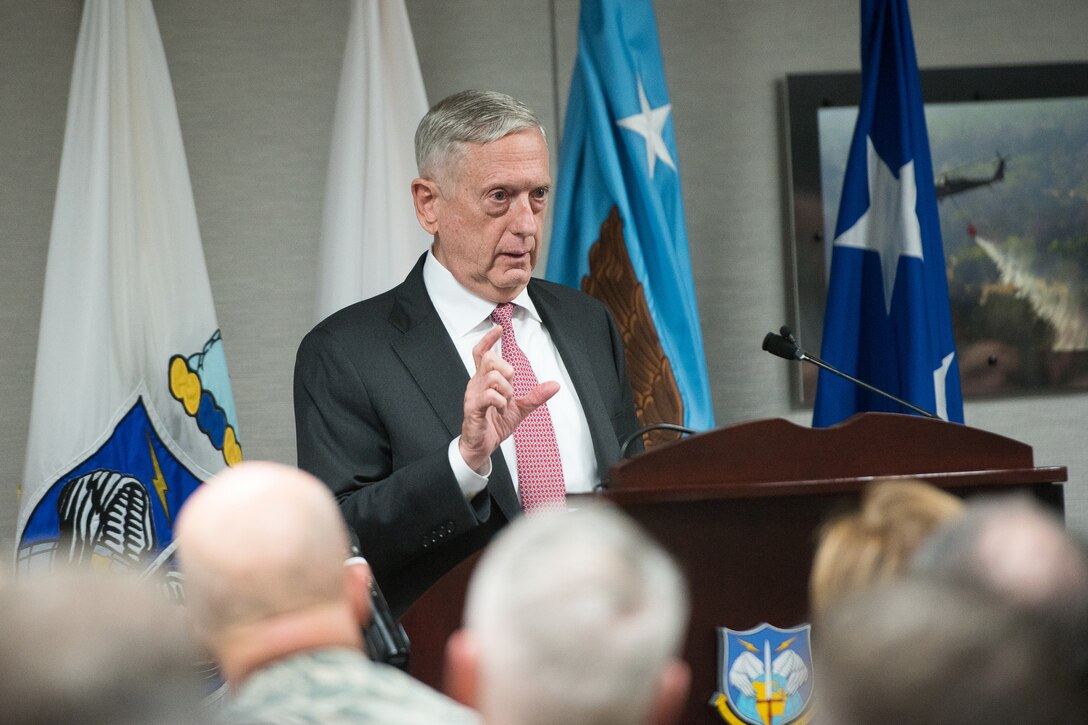 Defense Secretary Jim Mattis speaks at U.S. Northern Command.