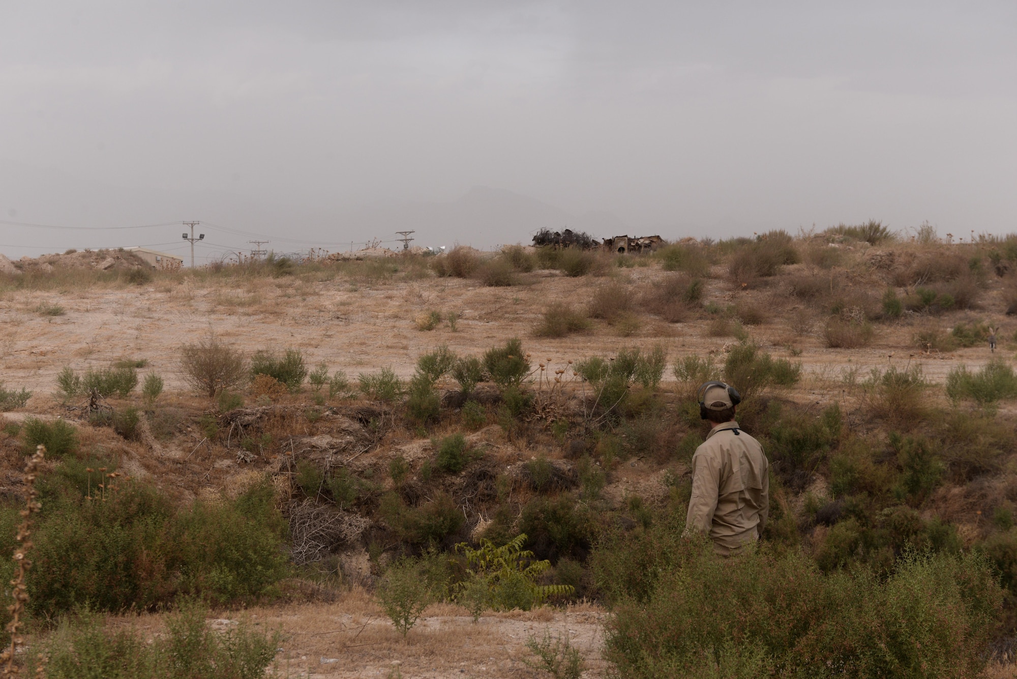 Jimmy Capps, 455th Air Expeditionary Wing U.S. Department of Agriculture (APHIS) and BASH forward operating base biologist, checks the area surrounding the Bagram Airfield runway for rabbits, Sept. 16, 2017.