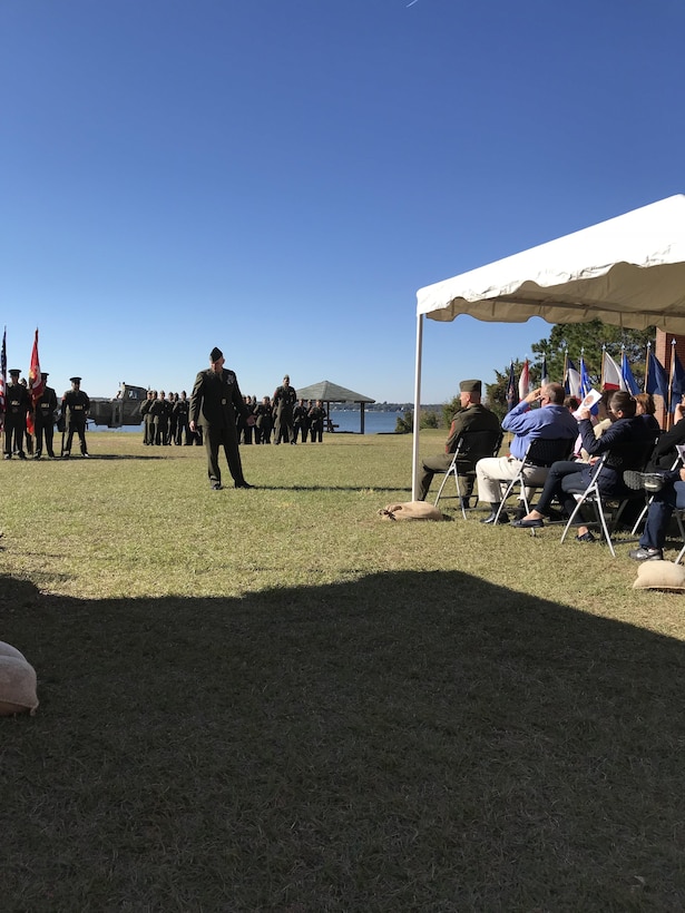 On Friday November 17th, 2017 at Courthouse Bay, Camp Lejeune, N. C., Lieutenant Colonel Mark George delivers remarks during Master Sergeant Shawn W. Fowler's retirement ceremony. LtCol George was the retiring officer and was MSgt Fowler's supervisor while he served as the Defeat the Device Branch head at Marine Corps Engineer School.