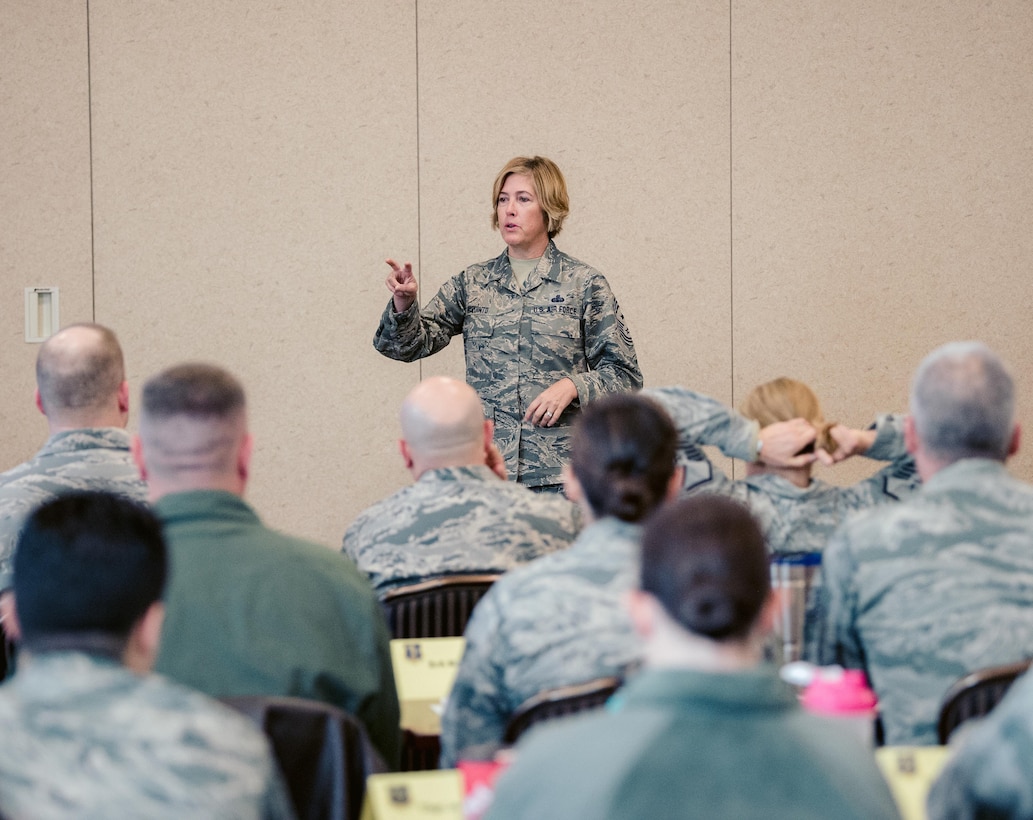 Command Chief Master Sgt. Amy Giaquinto, the senior enlisted advisor to the Adjutant General of New York, speaks to members of the 107th Attack Wing in Niagara Falls, N.Y. on Oct. 17, 2017. Giaqunito is the first woman and the first Air National Guard member to hold that role in New York. (U.S. Air National Guard photo by Staff Sgt. Ryan Campbell)