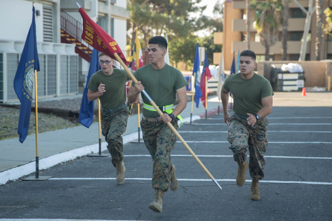 U. S. Marines, with Headquarters and Support Battalion, Marine Corps Base Camp Pendleton, conducted a motivational run, Nov. 8, 2017. Groups of three Marines will be running two miles each, totaling 242 miles commemorating each year the Marine Corps has been in existence.