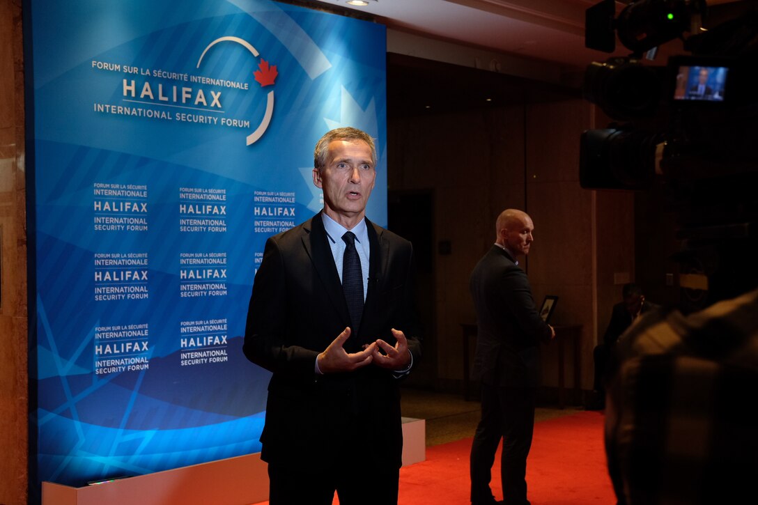NATO Secretary General Jens Stoltenberg conducts a TV interview during the Halifax International Security Summit, Nov. 17, 2017. NATO photo