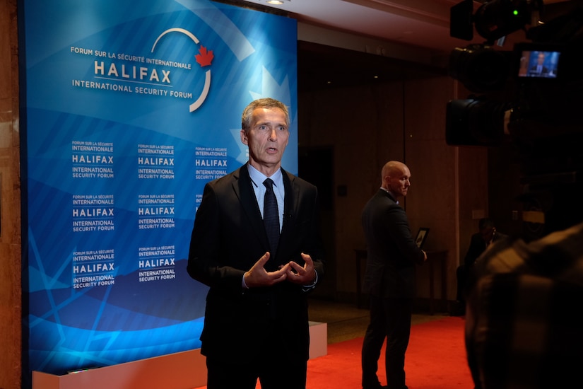 NATO Secretary General Jens Stoltenberg conducts a TV interview during the Halifax International Security Summit, Nov. 17, 2017. NATO photo
