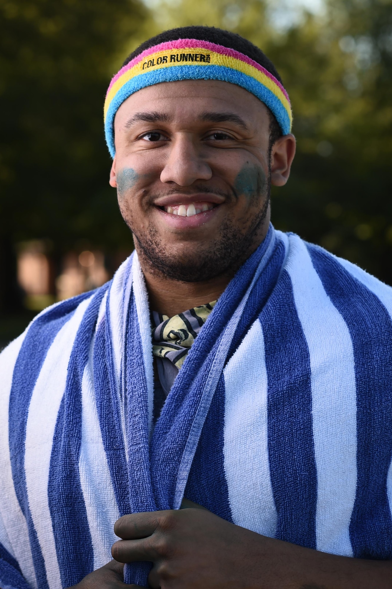 U.S. Air Force Staff Sgt. Joseph Morgan, 633rd Comptroller Squadron customer service technician poses for a photo after a resiliency color run at Joint Base Langley-Eustis, Va., Oct. 20, 2017.