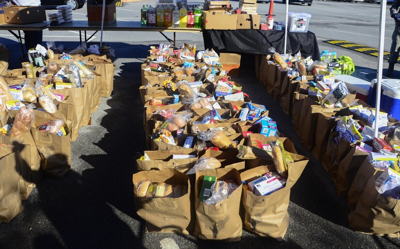 Bagged lunches are organized to be given to veterans during a mobile food drive in Charleston, S.C., Nov. 10, 2017.
