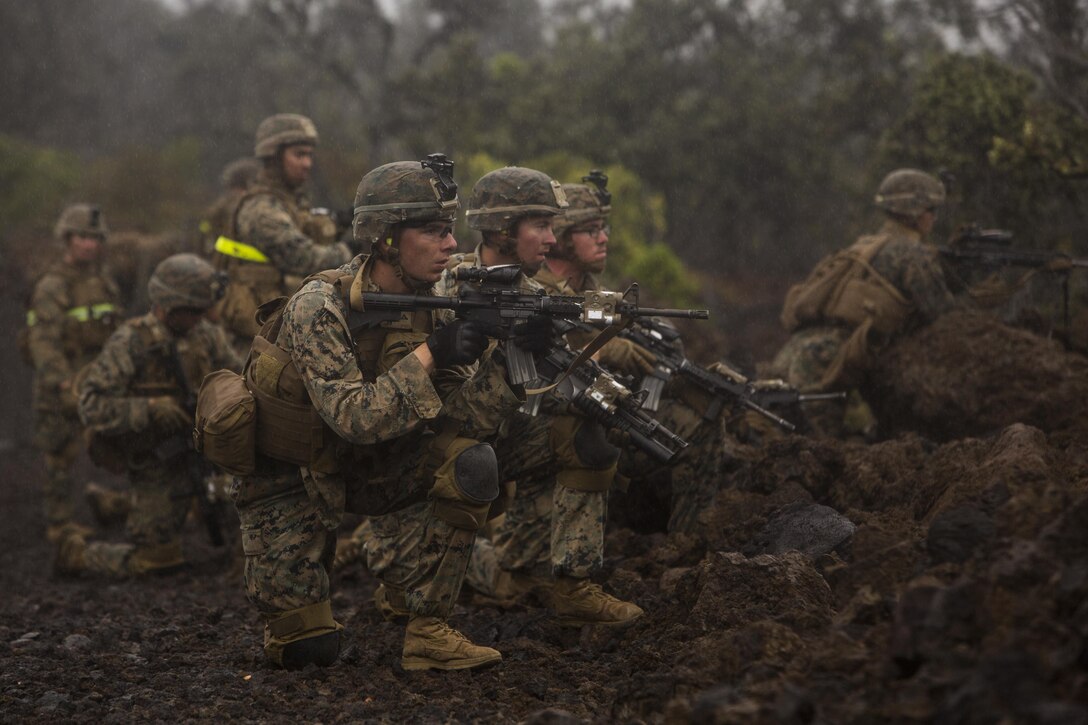 U.S. Marines hold their positions while attending the Infantry Platoon Battle Course at the Pohakuloa Training Area on the Island of Hawaii, Oct. 25, 2017. The Marines are with 2nd Battalion, 3rd Marine Regiment, and are conducting IPBC for Exercise Bougainville II. Exercise Bougainville II prepares 2nd Bn., 3rd Marines for service as a forward deployed force in the Pacific by training them to fight as a ground combat element in a Marine Air-Ground Task Force. (U.S. Marine Corps photo by Lance Cpl. Isabelo Tabanguil)