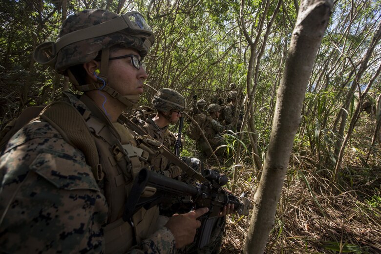 Pfc. Jordan Jamil waits to move a Marine role playing as a downed pilot during a Tactical Recovery of Aircraft and Personnel training event in Exercise Bougainville II at Landing Zone Boondocker, Marine Corps Base Hawaii, on Oct. 26, 2017. Pfc. Jamil is a mortarman with 2nd Battalion, 3rd Marine Regiment, and a native of Liberty, N.Y. Exercise Bougainville II prepares 2nd Bn., 3rd Marines for service as a forward deployed force in the Pacific by training them to fight as a ground combat element in a Marine Air-Ground Task Force. (U.S Marine Corps photo by Lance Cpl. Isabelo Tabanguil)