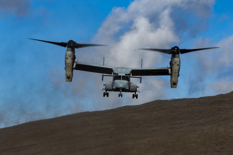 A U.S. Marine MV-22B Osprey tiltrotor aircraft approaches a landing zone at the Pohakuloa Training Area, on the island of Hawaii, Oct. 26, 2017. Marine Medium Tiltrotor Squadron 268 supported 2nd Battalion, 3rd Marine Regiment in Tactical Recovery of Aircraft and Personnel training during Exercise Bougainville II. Exercise Bougainville II prepared the 2/3 Marines for service as a forward deployed force in the Pacific by training them to fight as a ground combat element in a Marine Air-Ground Task Force. (U.S. Marine Corps photo by Sgt. Ricky Gomez)