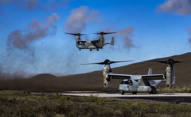 U.S. Marine MV-22b Ospreys on approach to the landing zone at the Pohakuloa Training Area, on the island of Hawaii, Oct. 26, 2017. Marine Medium Tiltrotor Squadron 268 supported 2nd Battalion,3rd Marine Regiment in Tactical Recovery of Aircraft and Personnel training during Exercise Bougainville II. Exercise Bougainville II prepares 2nd Bn., 3rd Marines for service as a forward deployed force in the Pacific by training them to fight as a ground combat element in a Marine Air-Ground Task Force. (U.S. Marine Corps photo by Sgt. Ricky Gomez)