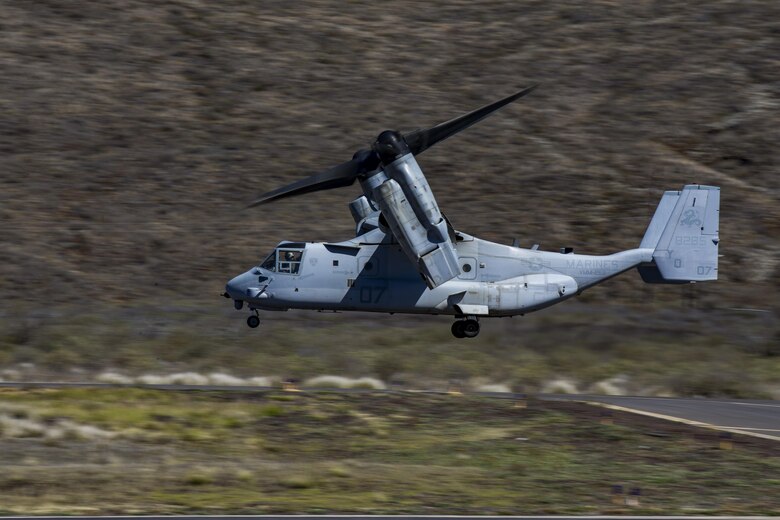 U.S. Marines with 2nd Battalion, 3rd Marine Regiment in an MV-22 Osprey take off at the Pohakuloa Training Area, on the island of Hawaii, Oct. 26, 2017. Marine Medium Tiltrotor Squadron 268 supported 2nd Battalion, 3rd Marine Regiment in Tactical Recovery of Aircraft and Personnel training during Exercise Bougainville II. Exercise Bougainville II prepares 2nd Bn., 3rd Marines for service as a forward deployed force in the Pacific by training them to fight as a ground combat element in a Marine Air-Ground Task Force. (U.S. Marine Corps photo by Sgt. Ricky Gomez)