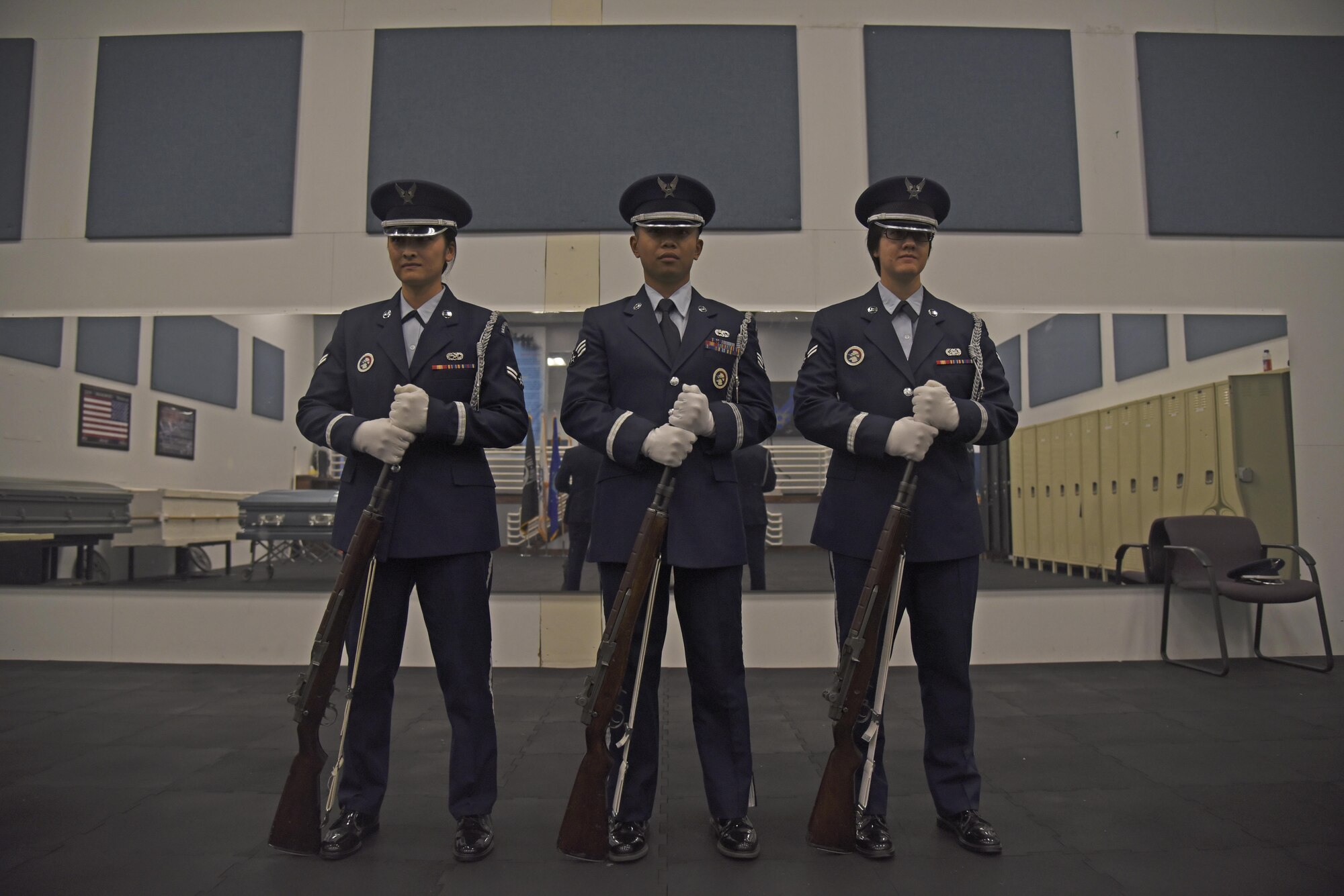 The Fairchild Honor Guard conducts rifle party training Nov. 16, 2017, at Fairchild Air Force Base, Washington. Each new rotation begins with an intense 12-day training regimen. These two weeks focus on various color guard, funeral and rifle sequences and movements, starting with the basics and slowly introducing variations. (U.S. Air Force photo/Senior Airman Mackenzie Richardson)