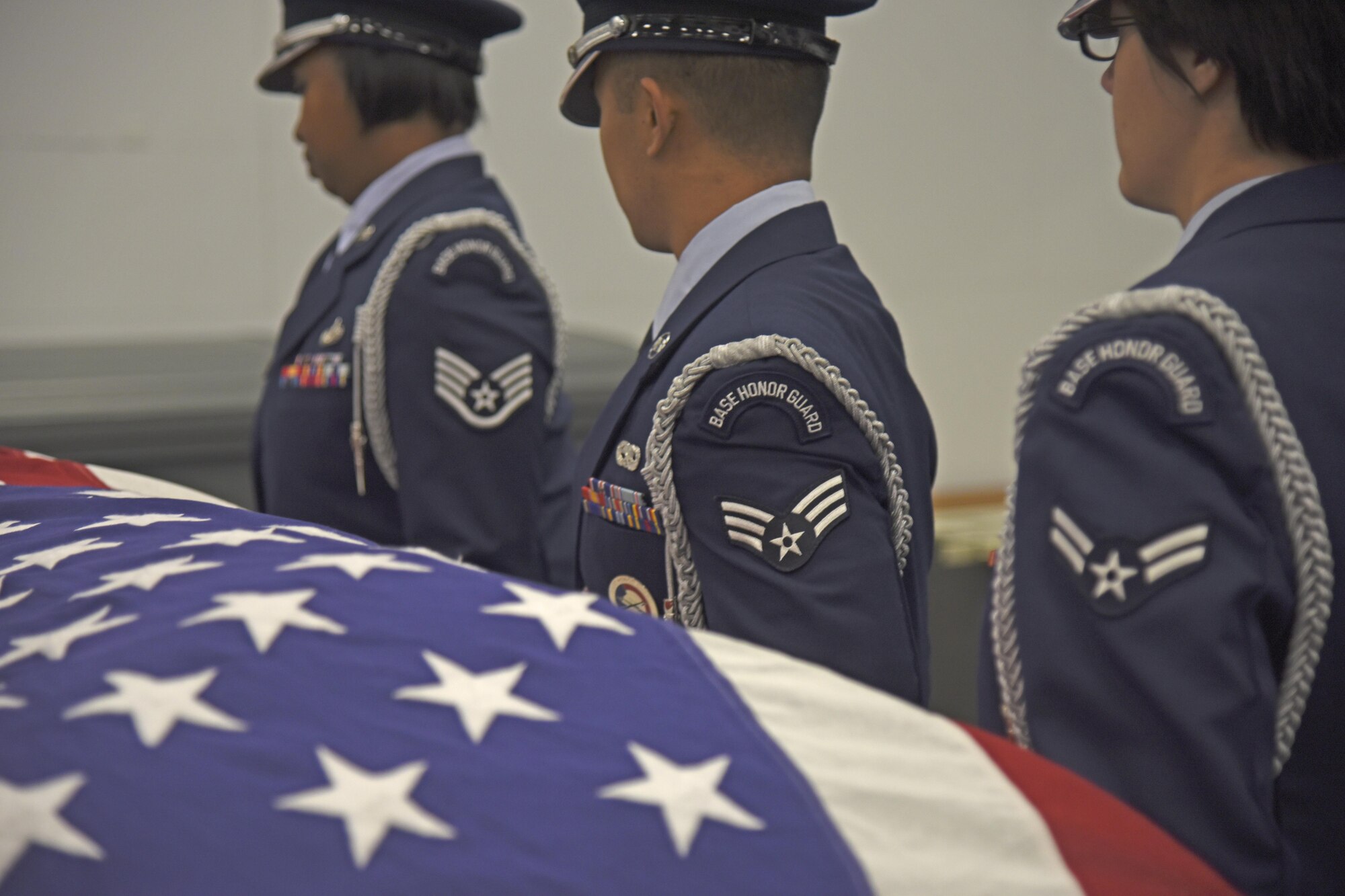 The Fairchild Honor Guard conducts military funeral training Nov. 16, 2017, at Fairchild Air Force Base, Washington. Honor guard’s mission is unlike any other, spending upward of 60 hours a week together traveling, training and preparing for ceremonies. With an average of more than 300 military funerals a year, both active duty and veteran, the long hours, constant attention to detail and training can begin to take their toll physically and mentally.(U.S. Air Force photo/Senior Airman Mackenzie Richardson)