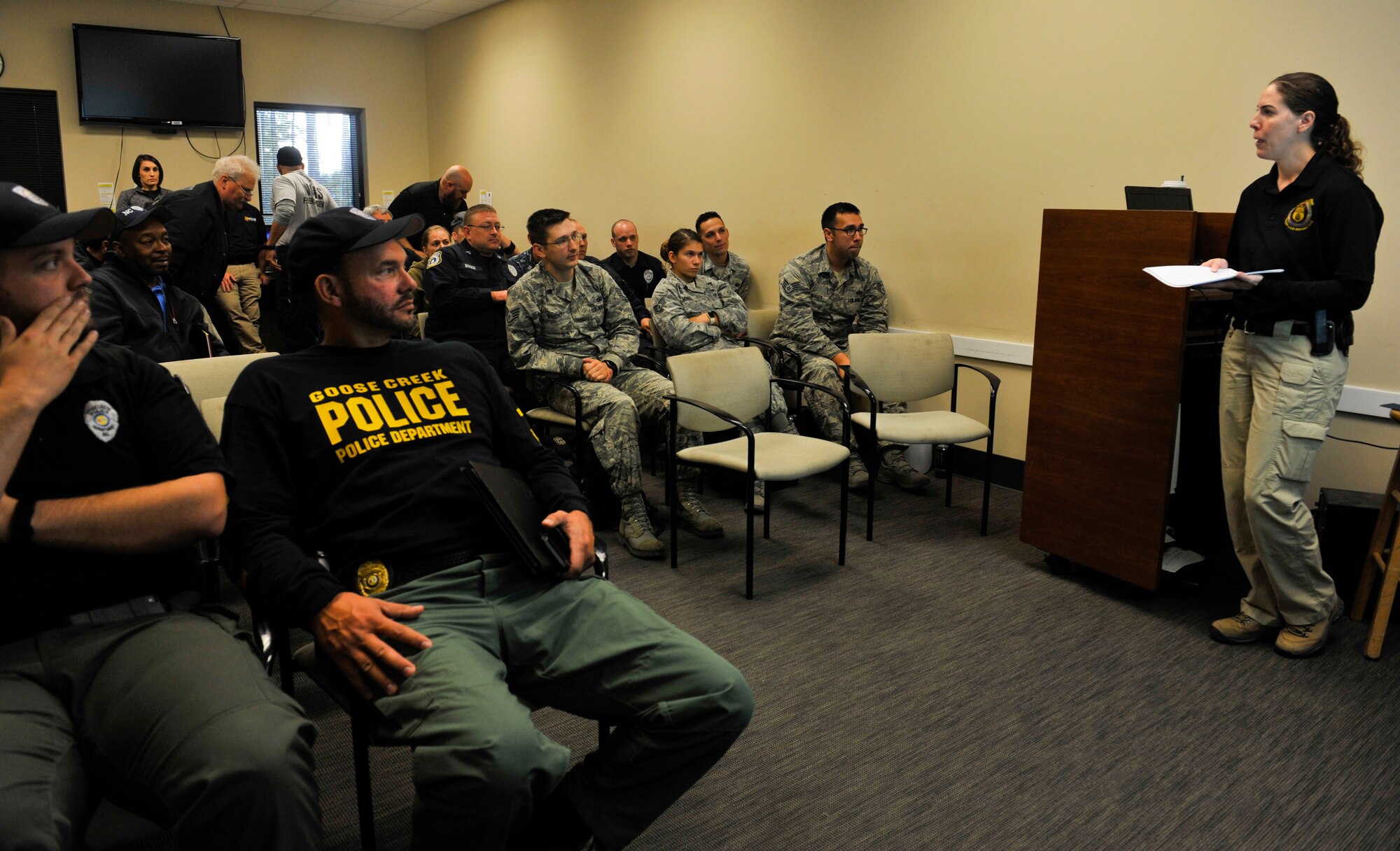 Participants receive instructions from Special Agent Rachel Clergy, Naval Criminal Investigative Service forensic consultant, during a clandestine grave and human remains recovery training at Joint Base Charleston, S.C., Nov. 14, 2017.