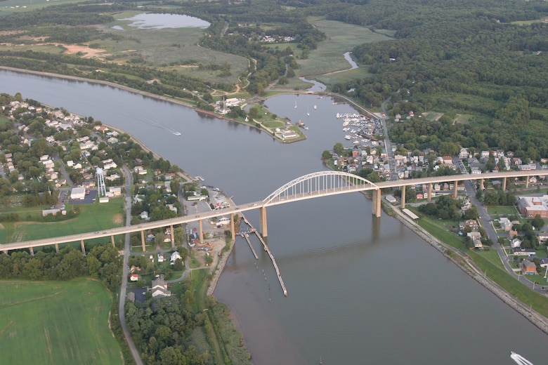 Aerial view of Chesapeake City, MD. C&D Canal, Chesapeake City Bridge, Chesapeake City Back Basin.