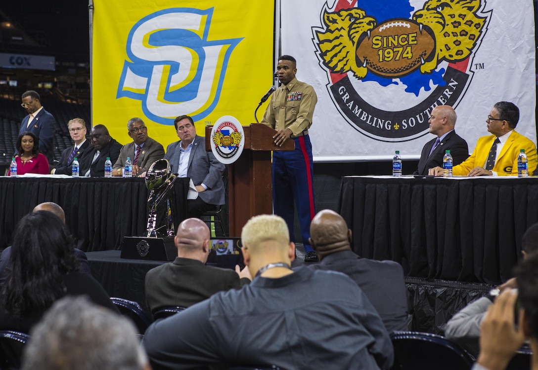 Col. Ricardo Player, Force Headquarters Group chief of staff, Marine Forces Reserve, speaks at the Mayor’s Bayou Classic Kick-Off press conference at the Mercedes-Benz Superdome in New Orleans, Nov. 20, 2017.