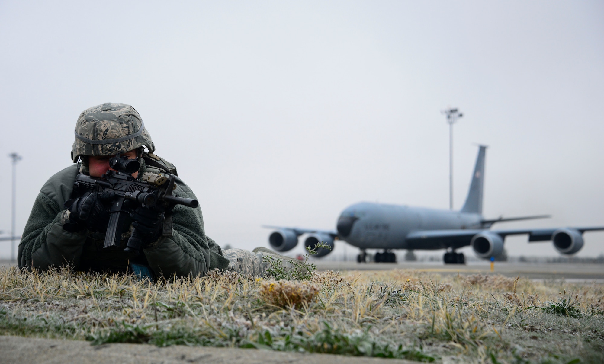 Staff Sgt. Matthew Mundy, 92nd Security Forces Squadron certified defense operations controller, secures the flightline during Exercise Global Thunder 2018 at Fairchild Air Force Base, Washington, Nov. 4, 2017. Global Thunder is an annual U.S. Strategic Command (USSTRATCOM) exercise designed to provide training opportunities to test and validate command, control and operational procedures. The training is based on a notional scenario developed to drive execution of USSTRATCOM and component forces’ ability to support the geographic combatant commands, deter adversaries and, if necessary, employ forces as directed by the President of the United States. (U.S. Air Force photo/Senior Airman Janelle Patino)