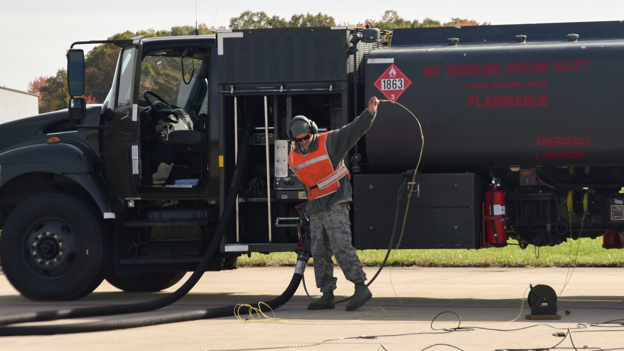 Senior Airman Michael McClenning prepares to refuel an A-10 Thunderbolt II on the flight line Nov. 4, 2017 at Warfield Air National Guard Base, Middle River, Md. McClening is a full time Fuels Distribution Technician and has been a member of the guard since 2012. (U.S. Air National Guard photo by Senior Airman Enjoli Saunders)