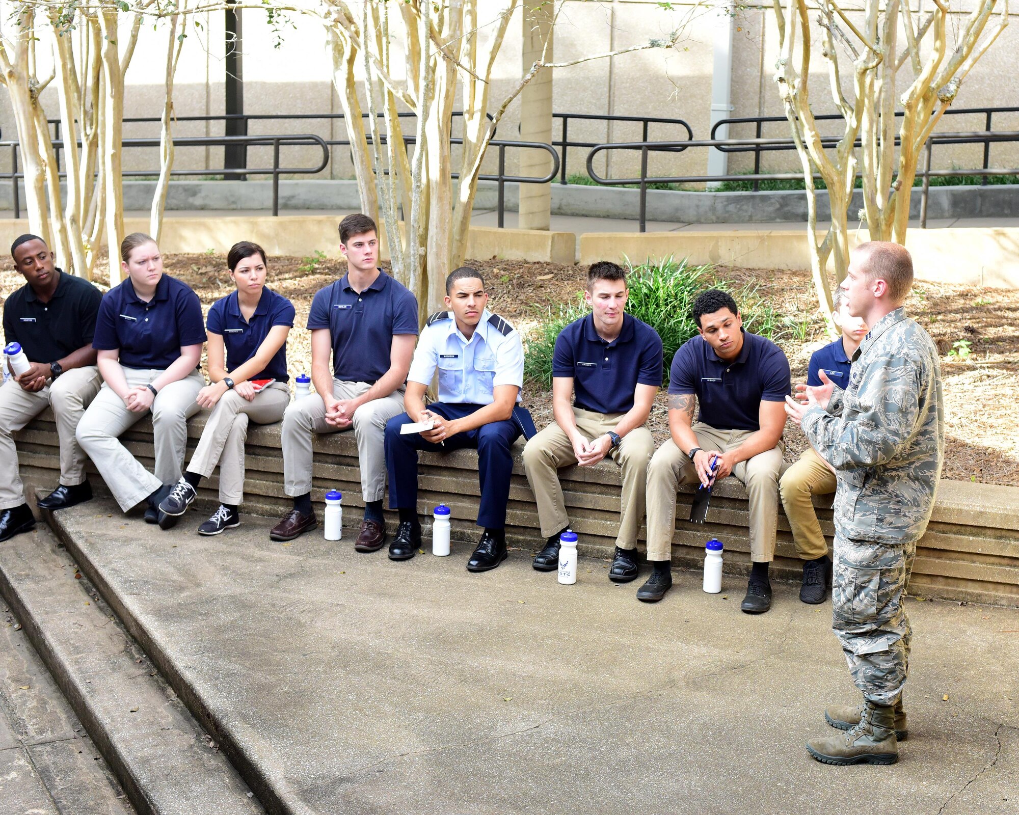 U.S. Air Force Capt. Jacob Petter, 325th Comptroller Squadron flight commander, informs University of West Florida ROTC cadets on his duties and life in the Air Force, Nov.2, 2017. Tyndall officers came to UWF to offer the ROTC cadets a broad spectrum of experience and expertise about their futures in the Air Force.