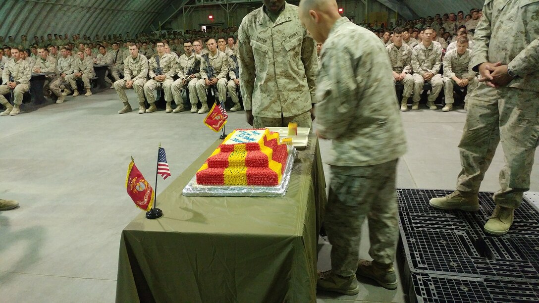Marines with 5th Marine Regiment perform a cake cutting ceremony in celebration of their 242nd birthday on November 7, 2017, during Integrated Training Exercise 1-18.